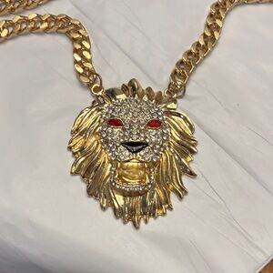 Gold Lion Head Pendant Necklace with Red Stone Eyes and clear stones on face